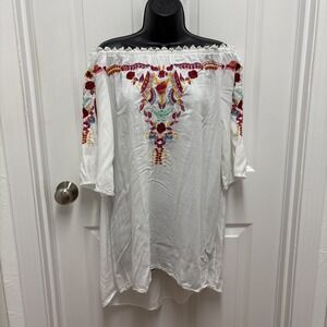 Blue Island‎ Embroidered Bardot Off Shoulder Dress White Floral - Size Medium